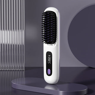 2 in 1 Wireless Hair Straightener and Hair Comb Brush - Portable Hot Curler with USB Charging