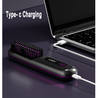 2 in 1 Wireless Hair Straightener and Hair Comb Brush - Portable Hot Curler with USB Charging