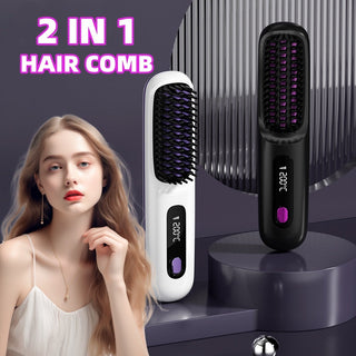 2 in 1 Wireless Hair Straightener and Hair Comb Brush - Portable Hot Curler with USB Charging