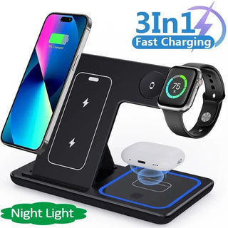 3 In 1 LED Fast Wireless Charger Stand 15W Foldable Charging Station For iPhone