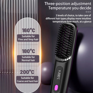 2 in 1 Wireless Hair Straightener and Hair Comb Brush - Portable Hot Curler with USB Charging