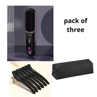 2 in 1 Wireless Hair Straightener and Hair Comb Brush - Portable Hot Curler with USB Charging